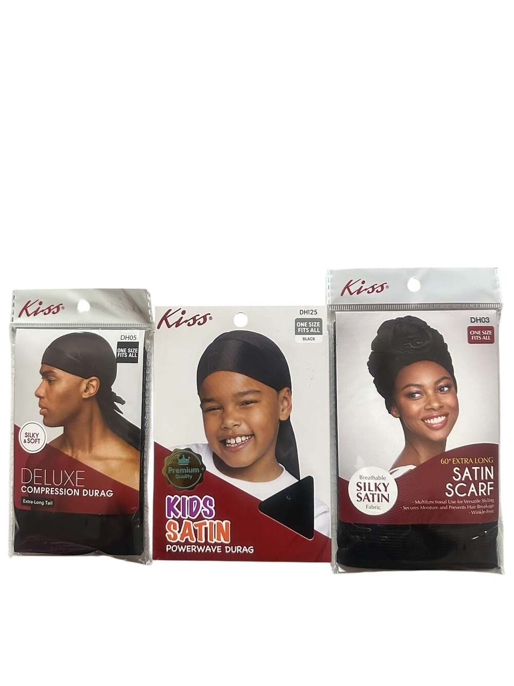 KISS Hair Accessories Bundle: Deluxe Compression Durag (DH05), Kids Satin Powerw